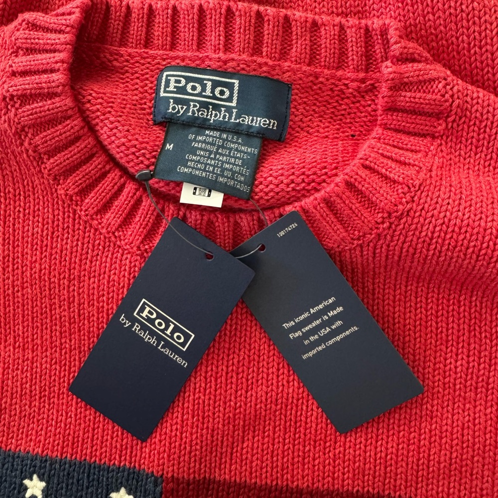 NWT Unisex Ralph Lauren Red Crewneck Sweater with American Flag Size M - Picture 4 of 7